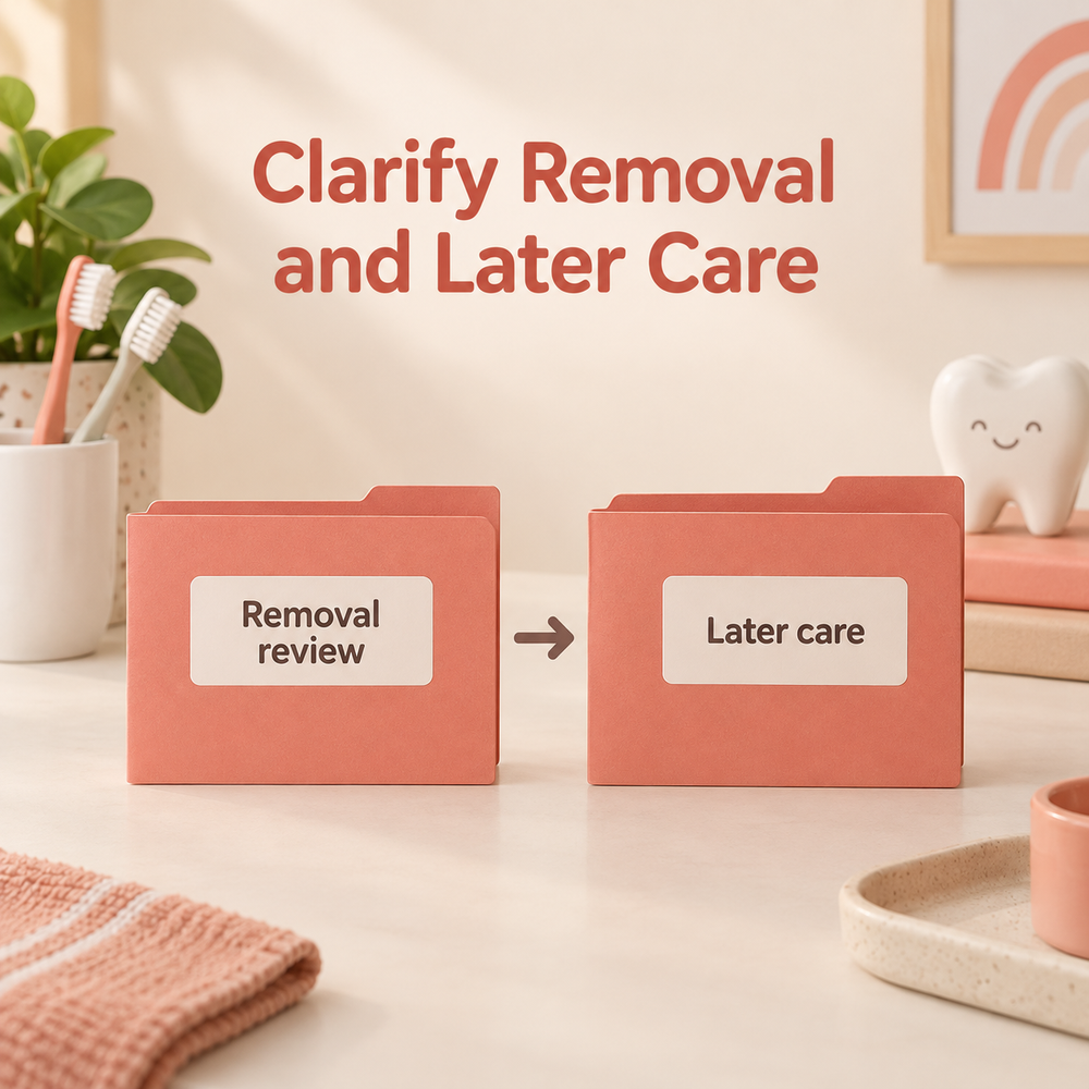 Removal and later orthodontic care need a plan. Educational illustration.