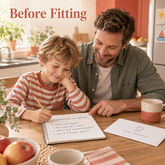 A family prepares questions before fitting. Educational illustration.