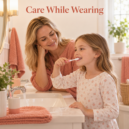 The family follows device-specific cleaning advice. Educational illustration.