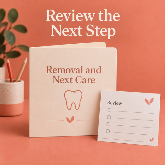 A removal and next-care folder represents clinical reassessment. Educational illustration.
