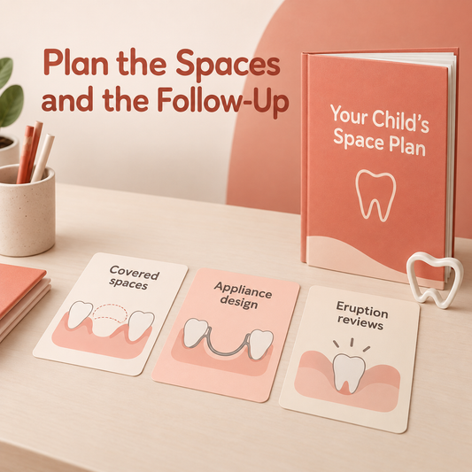 The consultation connects missing-tooth spaces with a follow-up plan. Educational illustration.