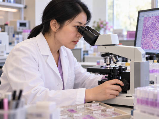 Chinese pathologist examining tissue slides under a microscope