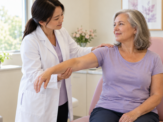 Chinese clinician assessing shoulder movement with an international female patient