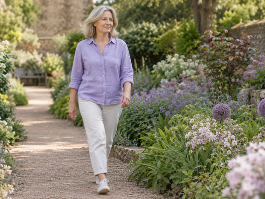 Woman walking on a level garden path