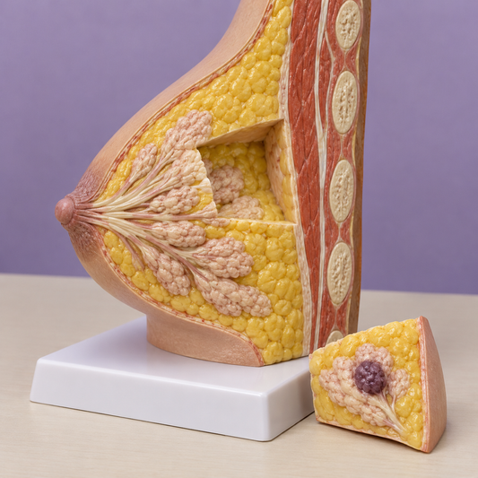 Anatomical teaching model showing a local tumour-containing segment removed while most breast tissue remains