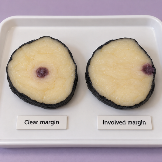 Pathology teaching models comparing clear and involved inked specimen margins