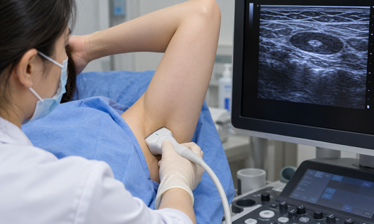 AI-generated illustrative scene: Axillary lymph node ultrasound