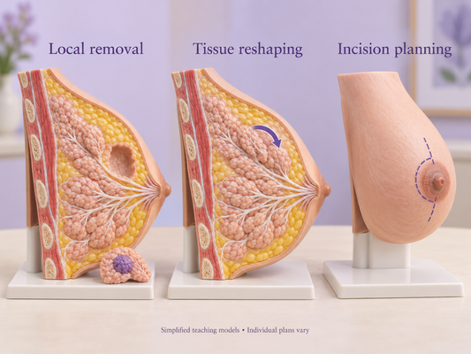 Three simplified physical teaching models illustrate local tumour removal, rearrangement of remaining breast tissue and incision planning. Individual surgical plans vary.