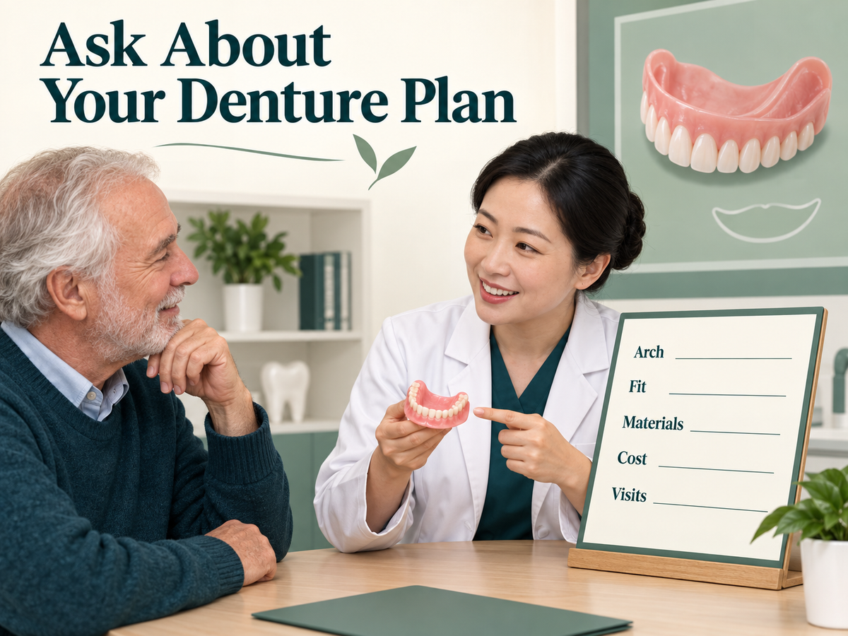 A Chinese dentist discusses a removable denture plan with an adult patient. Educational illustration.