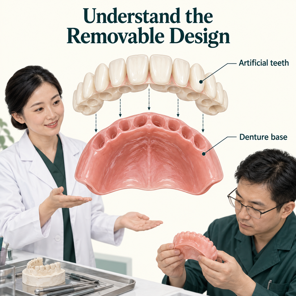 The removable denture combines a base and artificial teeth. Educational illustration.