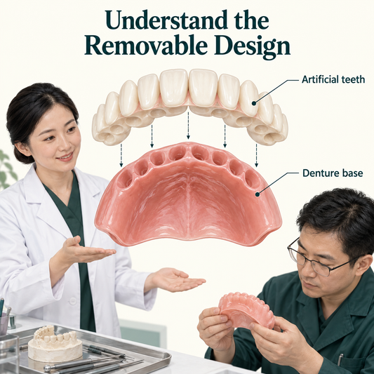The removable denture combines a base and artificial teeth. Educational illustration.