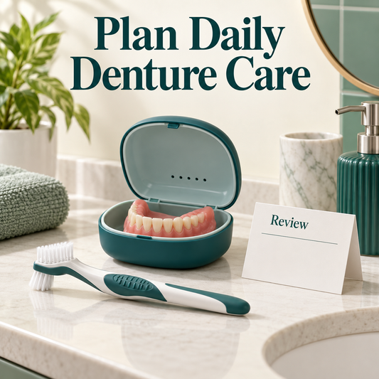 Removal, cleaning and review are part of ongoing denture care. Educational illustration.