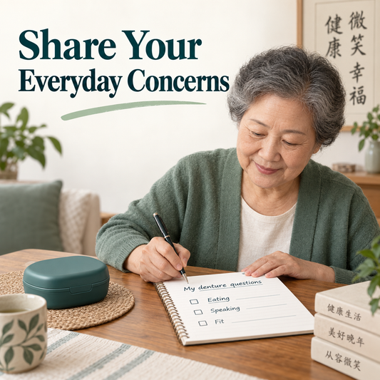 A patient prepares questions about existing dentures and daily difficulties. Educational illustration.