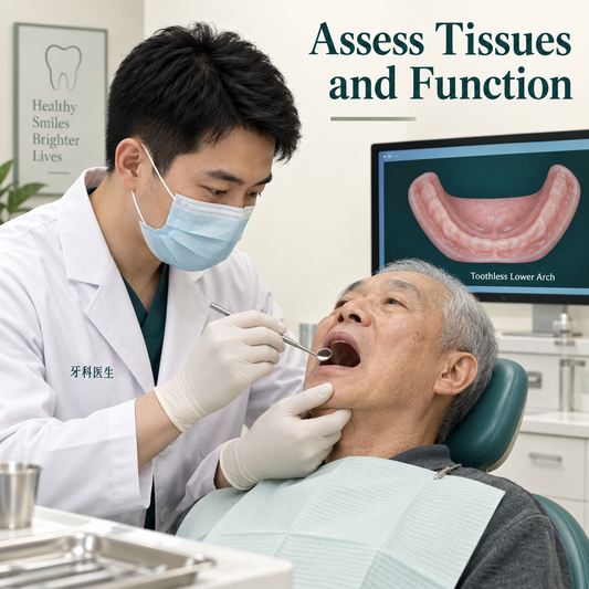 A Chinese clinician assesses oral tissues and function. Educational illustration.