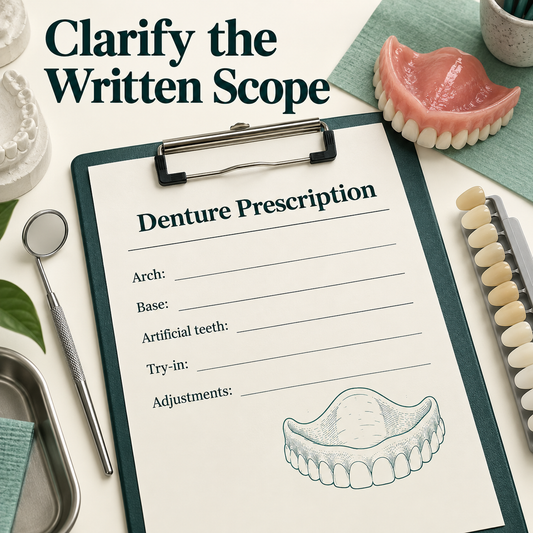 A written denture prescription records the treated arch and scope. Educational illustration.