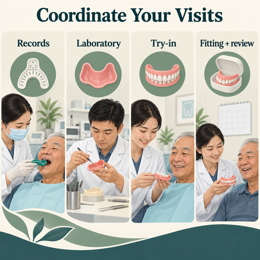 Appointments coordinate records, laboratory work, try-in and fitting. Educational illustration.