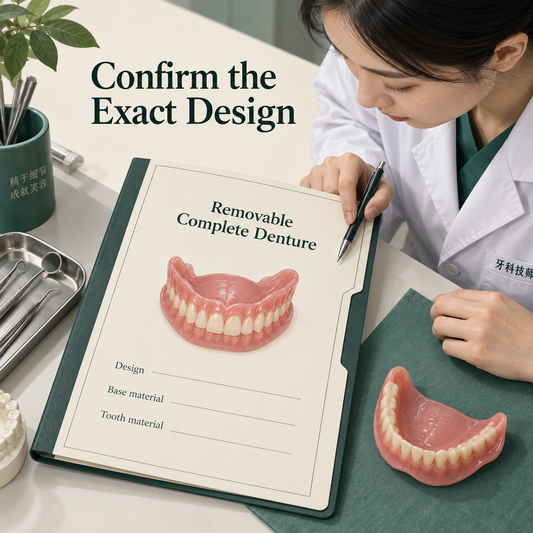 The exact removable denture design and materials are confirmed. Educational illustration.