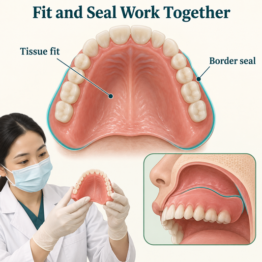 Tissue contact and peripheral seal contribute to retention. Educational illustration.
