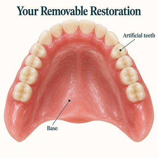 The base and artificial teeth form a removable complete denture. Educational illustration.