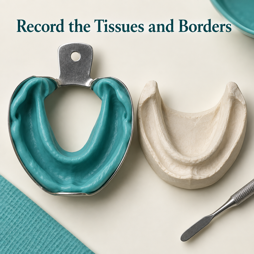 Impressions record the toothless ridge and planned denture borders. Educational illustration.