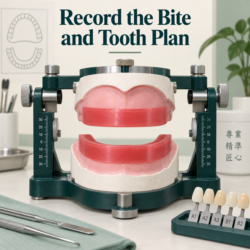 Bite records help plan jaw relation and tooth arrangement. Educational illustration.