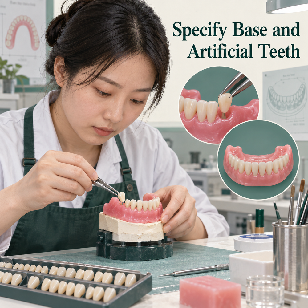 A Chinese technician prepares the denture base and artificial teeth. Educational illustration.