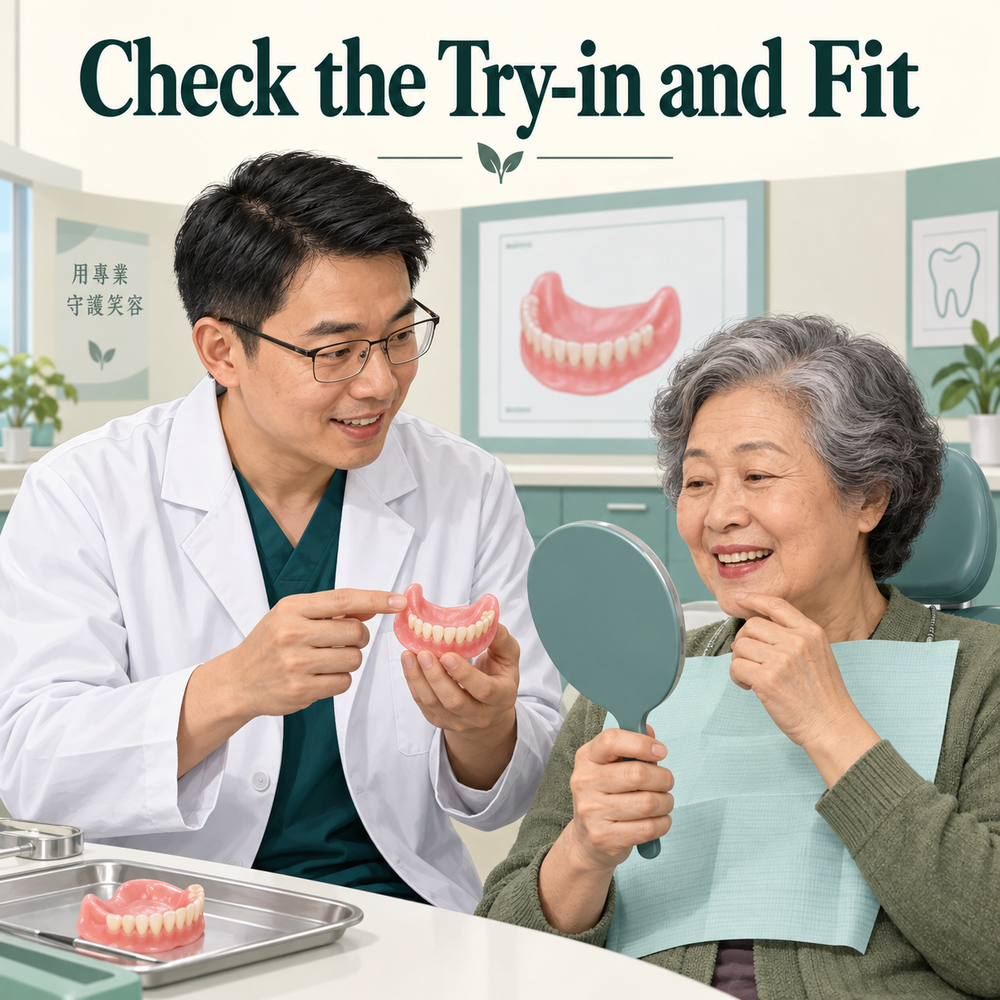 Try-in and fitting check denture arrangement and fit. Educational illustration.