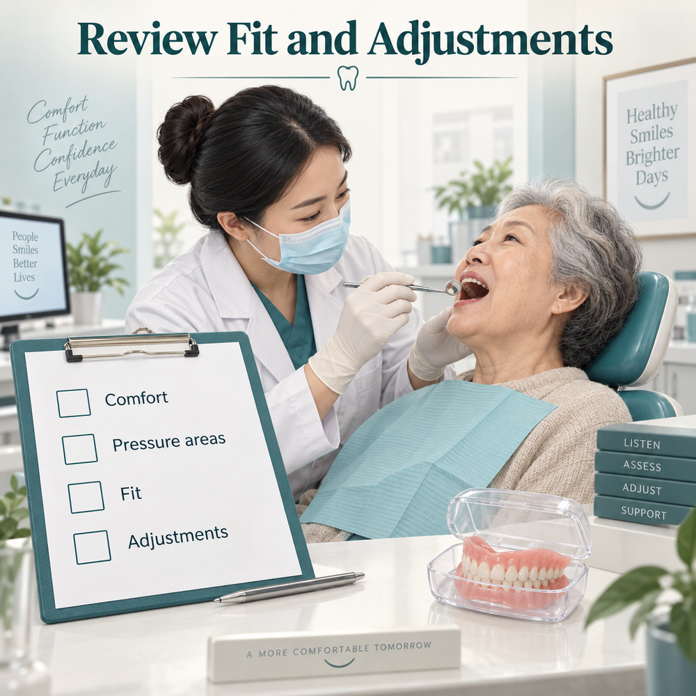 Review identifies pressure areas and adjustment needs. Educational illustration.