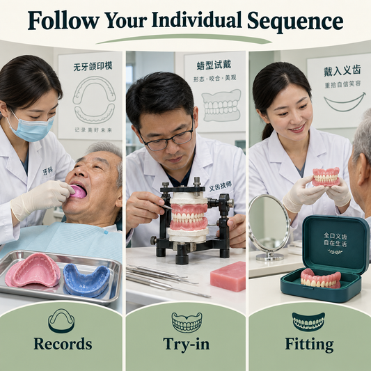 Records, try-in and fitting follow the individual plan. Educational illustration.