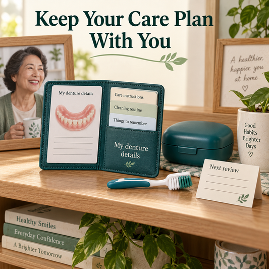 Denture care and follow-up details are retained after fitting. Educational illustration.