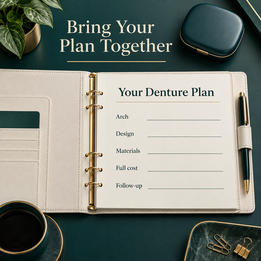 The final denture plan brings arch, materials, scope and review together. Educational illustration.