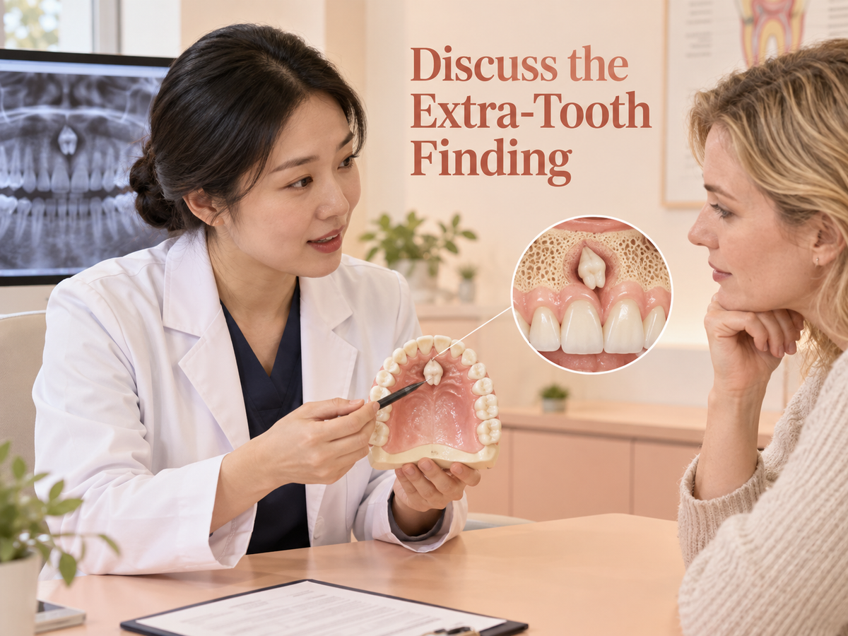 Discuss the Extra-Tooth Finding. Educational illustration.
