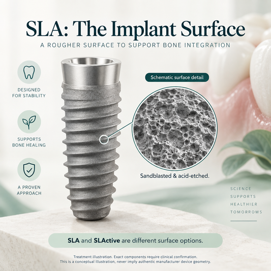 Ti SLA treatment illustration: surface. Exact components require clinical confirmation.