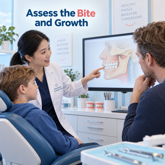 A specialist checks the jaw relationship in a growing child. Educational illustration.