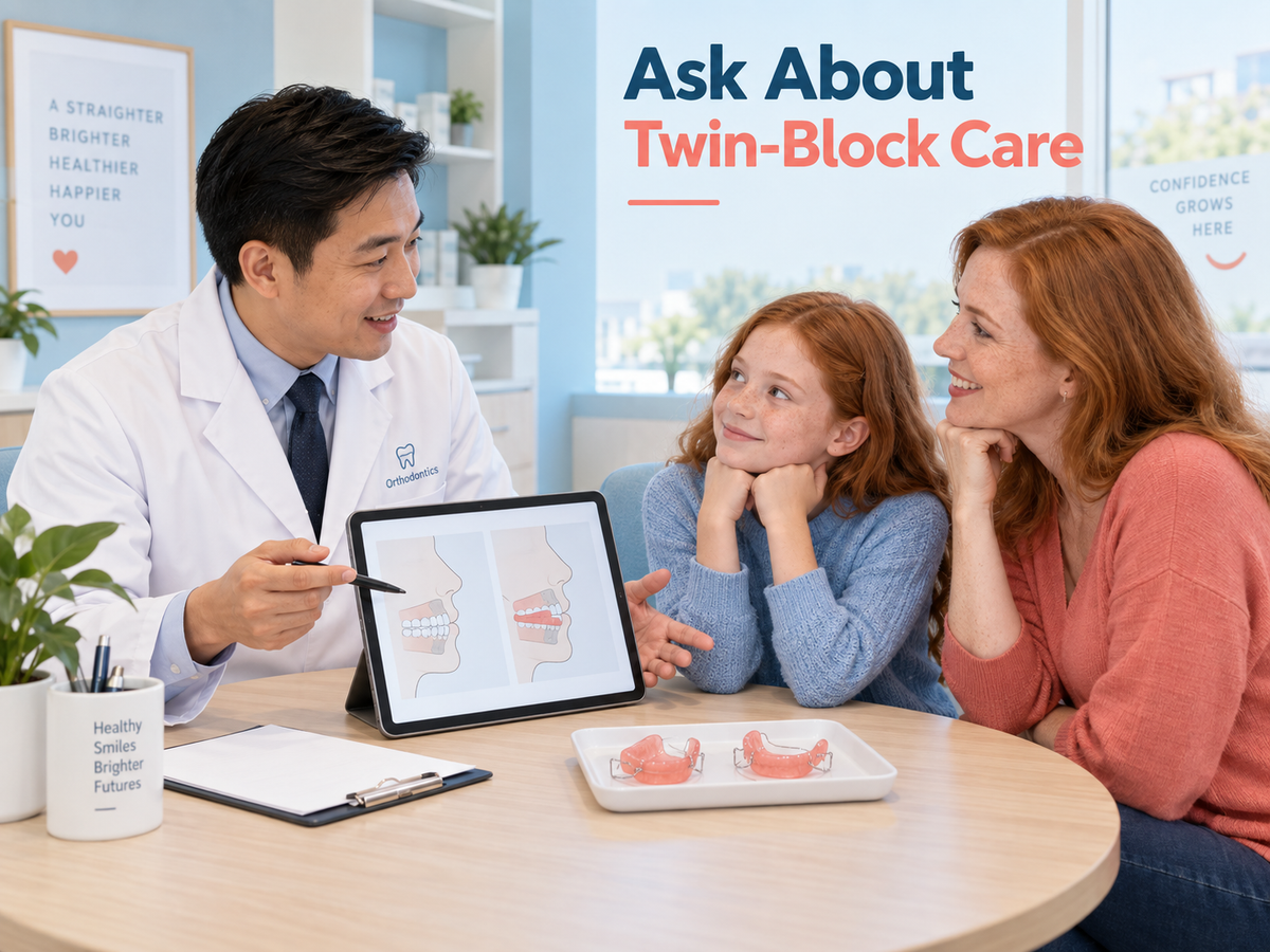 A Chinese orthodontist explains Twin-Block care to a foreign child and parent. Educational illustration.