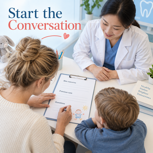 The family shares bite concerns and previous care. Educational illustration.