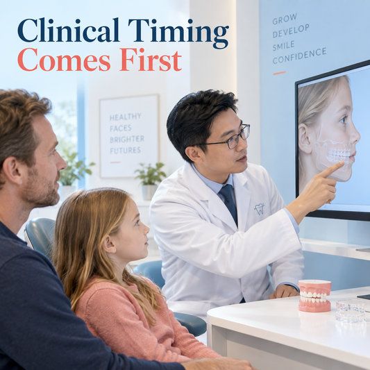 The clinician assesses development and treatment timing. Educational illustration.