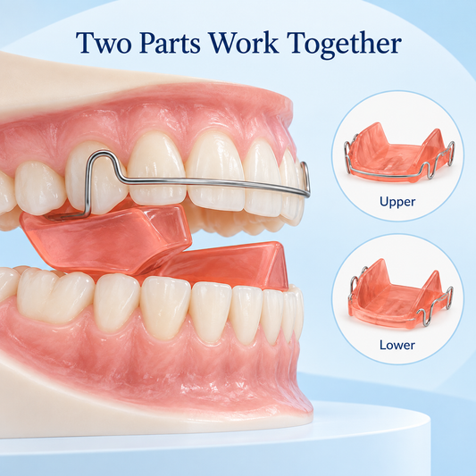 The paired bite-block design is confirmed by the clinician. Educational illustration.