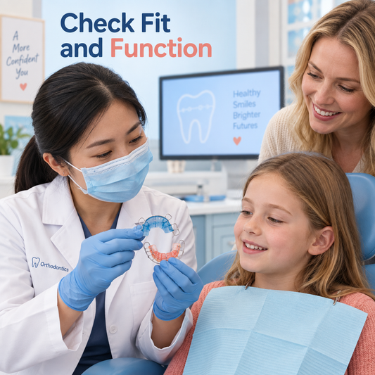 The orthodontist checks appliance fit and tolerance. Educational illustration.