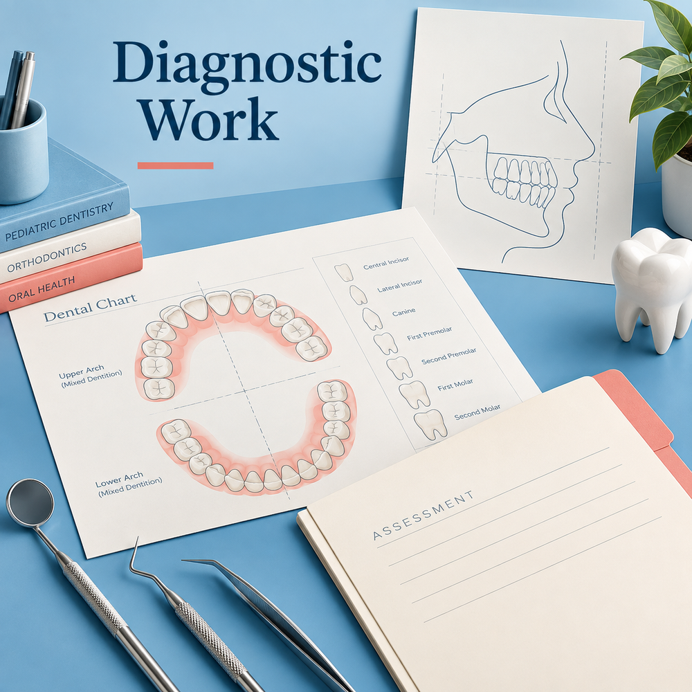 Diagnostic records support the treatment decision. Educational illustration.