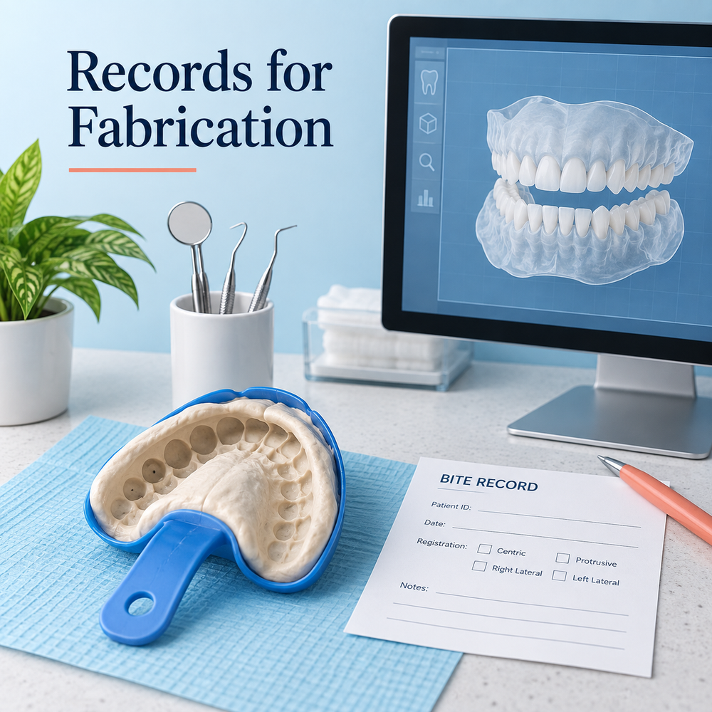 Impressions or scans and a bite record may be needed for fabrication. Educational illustration.