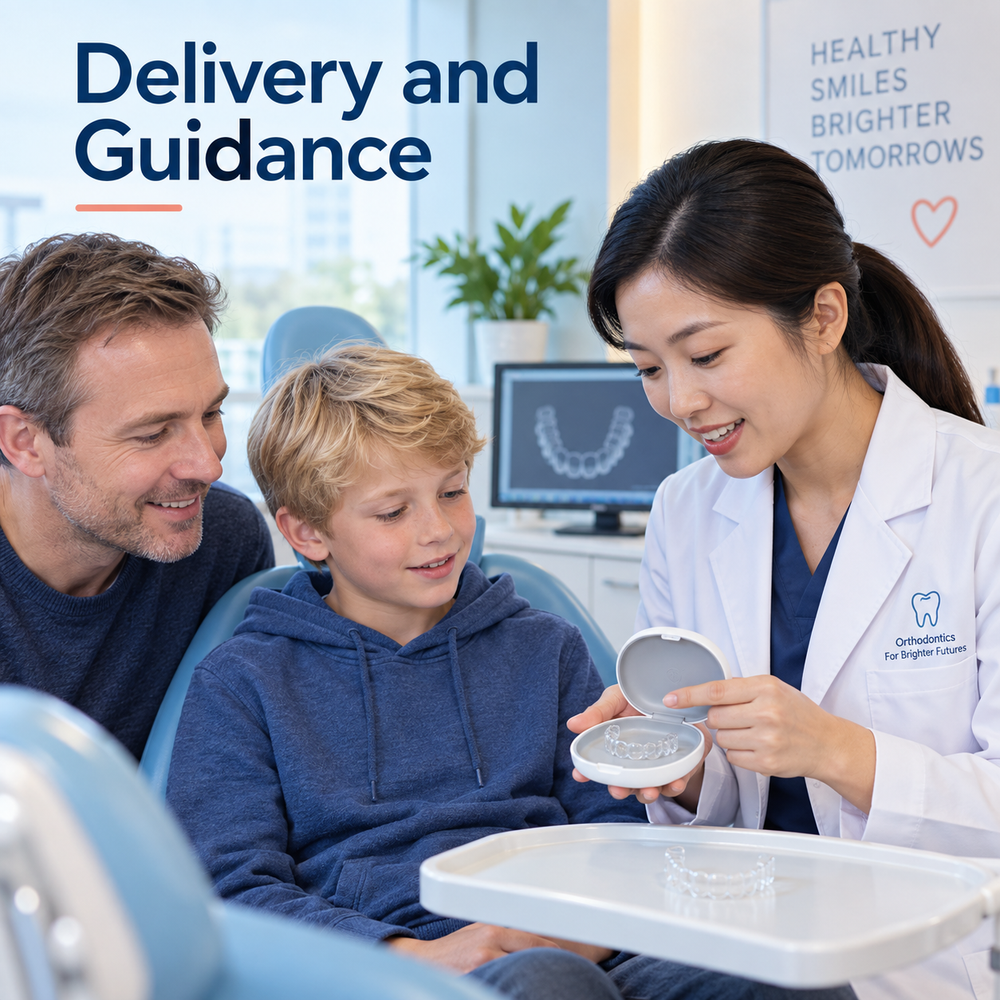 The child and parent receive fitting and care instructions. Educational illustration.