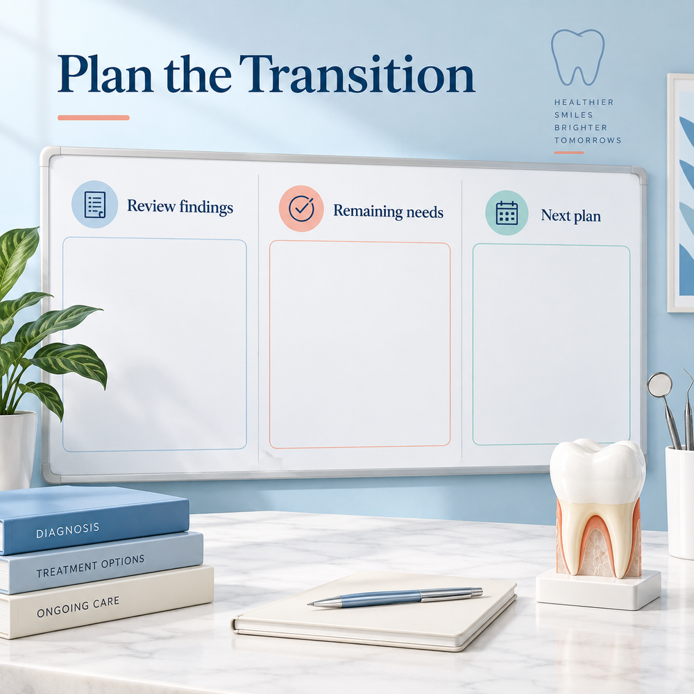 Clinical review determines the transition to later care. Educational illustration.
