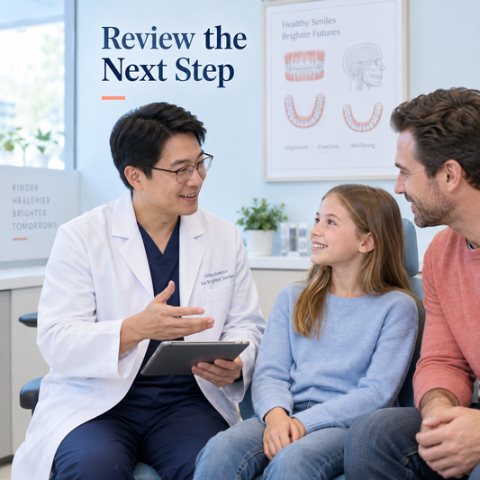 A review considers the bite, fit and remaining needs. Educational illustration.