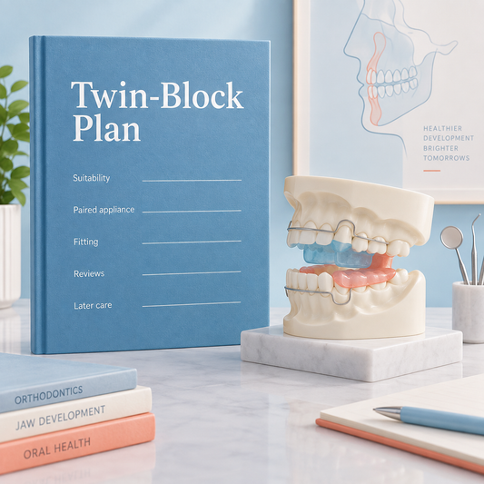 A Twin-Block plan records suitability, appliance and follow-up. Educational illustration.