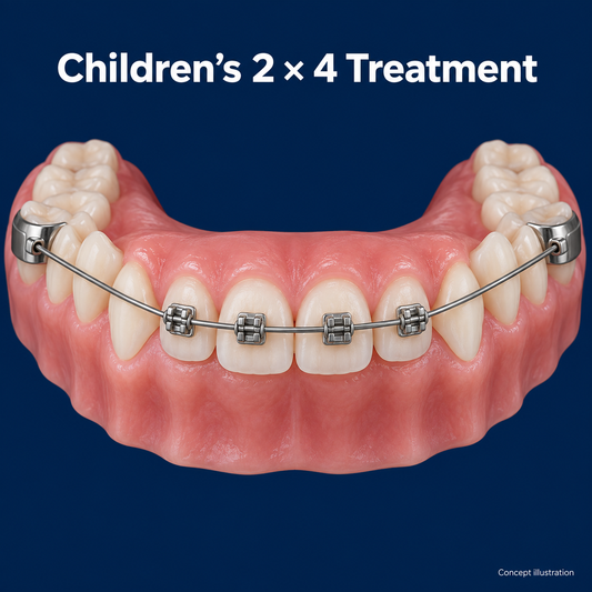 A limited appliance has four incisor brackets and two molar supports. Educational illustration.