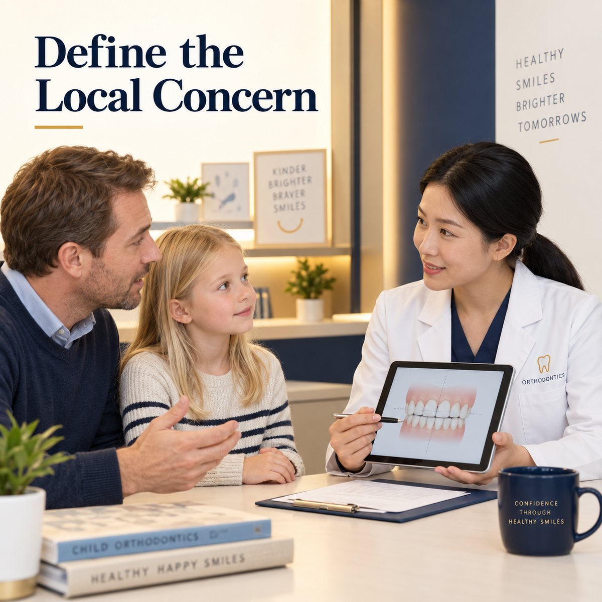 A family discusses a local front-tooth concern. Educational illustration.