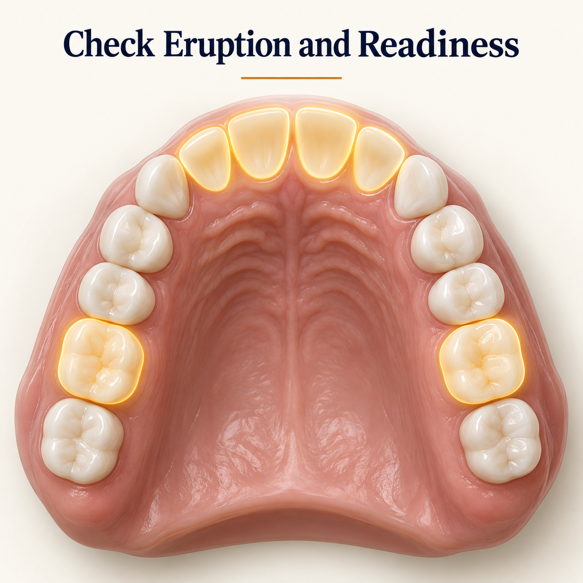 Eruption of the relevant teeth must be assessed. Educational illustration.