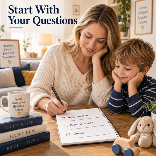 A parent shares the initial questions. Educational illustration.
