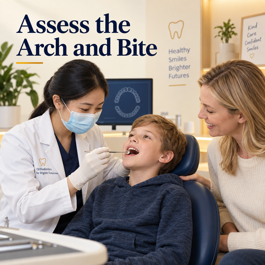 The orthodontist assesses the bite and arch. Educational illustration.